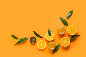 Composition with tasty orange jam on color background - obrazy, fototapety, plakaty