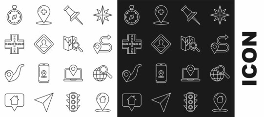 Set line Map pointer with house, Magnifying glass globe, Route location, Push pin, Road traffic sign, Compass and Folded map marker icon. Vector