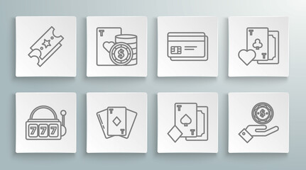 Set line Slot machine with lucky sevens jackpot, Casino chip and playing cards, Playing diamonds, spades, Hand holding casino chips, Credit, clubs symbol and Lottery ticket icon. Vector