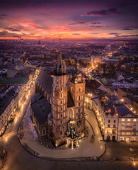 Panorama of Saint Mary's Basilica, Main Square in Krakow, Poland