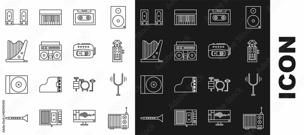 Wall mural Set line Radio with antenna, Musical tuning fork, Microphone, Retro audio cassette tape, Home stereo two speakers, Harp, Stereo and player icon. Vector