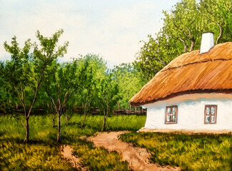 Fototapeta na wymiar Oil paintings rural landscape, house in the garden, rural house in the countryside. Artwork, fine art.