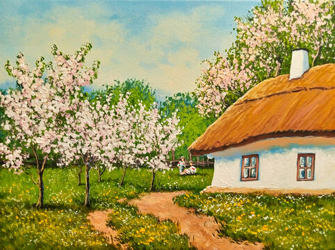 Oil paintings spring landscape, house in the garden, rural house in the countryside. Artwork, fine art.