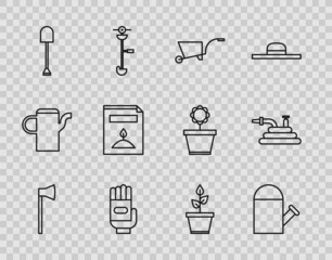 Set line Wooden axe, Watering can, Wheelbarrow, Garden gloves, Shovel, A pack full of seeds of specific plant, Plant pot and hose or fire hose icon. Vector