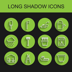 Set line Home greenhouse and plants, Gardening handmade scissors, trowel spade shovel, Chainsaw, Flower pot, rake, A pack full of seeds of specific and Plants icon. Vector