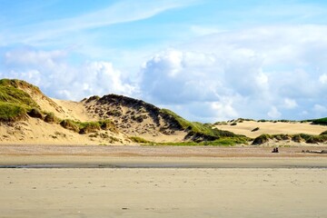 Plage Dunes De La Slack and Dunes De La Slack at low tide between Wimereux and Ambleteuse at the Opal Coast, Pas-de-Calais, Hauts-de-France, France