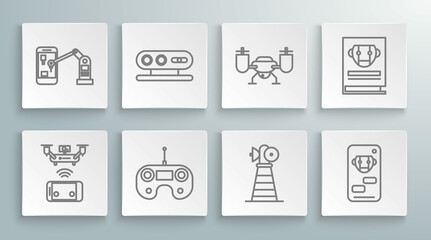 Set line Remote aerial drone, 3d scanning system, control, Antenna, Bot, Drone flying with action camera, User manual and Industrial machine robotic robot arm hand icon. Vector