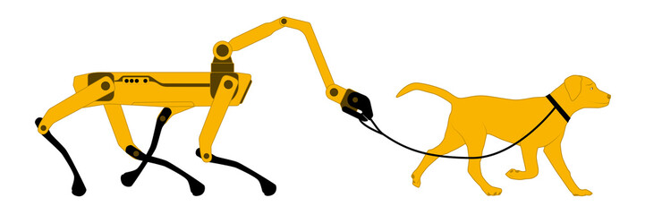 The robot dog walks on a leash dog. The concept of robotic assistants