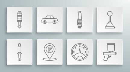Set line Screwdriver, Car, Location with parking, Speedometer, Paint spray gun, spark plug, Gear shifter and Shock absorber icon. Vector