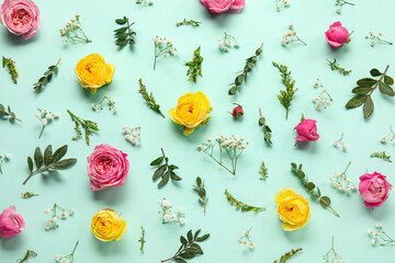 Composition with beautiful flowers on blue background
