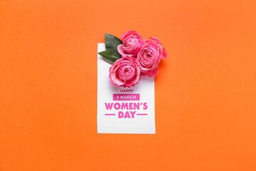 Greeting card for International Women's Day with beautiful rose flowers on color background