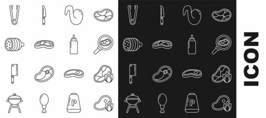 Set line Grilled steak meat and fire flame, Steak in frying pan, Fried chicken wing, Salami sausage, Meat tongs and Sauce bottle icon. Vector