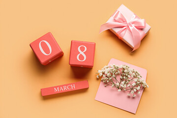 Cube calendar with date MARCH 8, gift box and gypsophila flowers for International Women's Day...