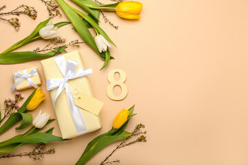 Composition with figure 8, gift boxes and flowers for International Women's Day celebration on color background