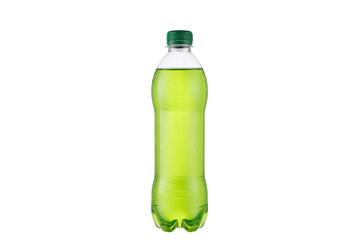 Green soft drink isolated on white background. 
Plastic bottle with a green cap. Apple lemonade.