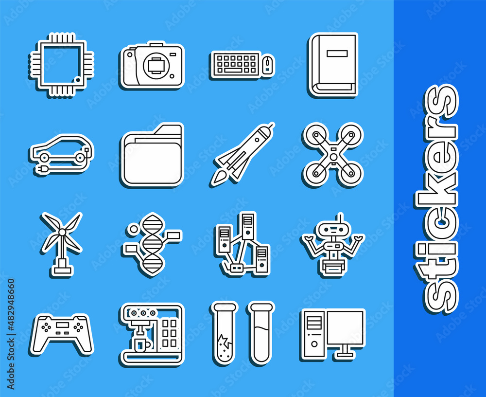 Poster set line computer monitor, robot, drone flying, keyboard and mouse, document folder, electric car, p