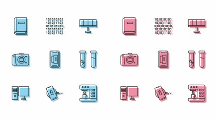 Set line Computer monitor, Wireless charger, User manual, Coffee machine, Smartphone, mobile phone, Test tube and flask, Mirrorless camera and Binary code icon. Vector