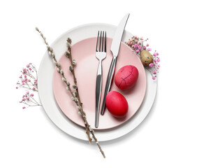Stylish table setting for Easter celebration on white background