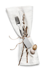Stylish cutlery for Easter celebration on white background
