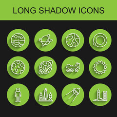 Set line Alien, Rocket launch from the spaceport, Planet Mars, Satellite, Space capsule and parachute, Sun and rover icon. Vector