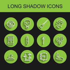 Set line Witch hat, Trunk for magic tricks, Hypnosis, Ancient book, Hand holding fire, Bottle with love potion, Magic runes and staff icon. Vector