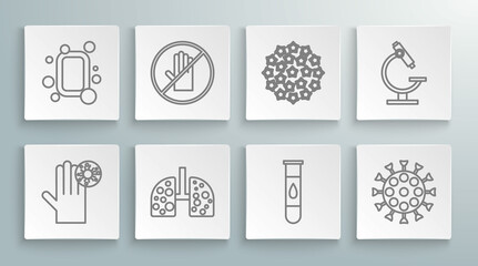 Set line Hand with virus, No handshake, Virus cells in lung, Blood test, Microscope and Bar of soap icon. Vector