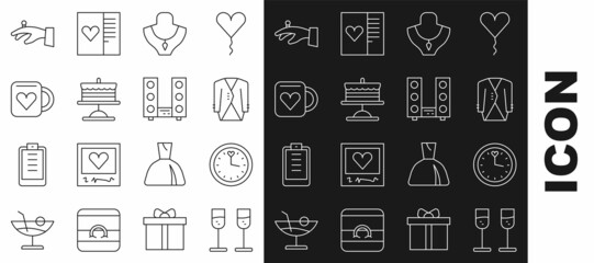 Set line Glass of champagne, Clock, Suit, Necklace on mannequin, Cake plate, Coffee cup and heart, Wedding rings hand and Home stereo with two speakers icon. Vector