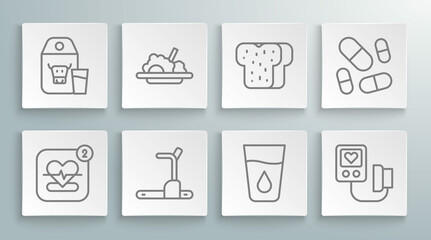 Set line Mobile with heart rate, Healthy food, Treadmill machine, Glass water, Blood pressure, Bread toast, Vitamin pill and Paper package for milk icon. Vector