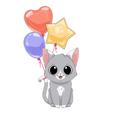 Kot i trzy balony. Ręcznie rysowany uroczy mały szary kotek w łaty. Wektorowa ilustracja zadowolonego, siedzącego kota. Słodki zwierzak. Impreza urodzinowa, życzenia, zaproszenie, plakat, baby shower.