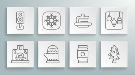 Set line Interior fireplace, Snowflake, Christmas mitten, Beer can, tree, Cake, lights and Stereo speaker icon. Vector