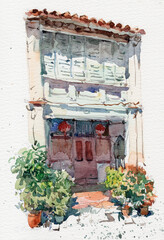 Old house in watercolor hand drawn 