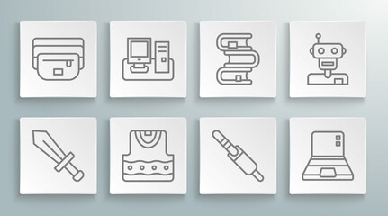 Set line Sword for game, Monitor with keyboard, Waistcoat, Audio jack, Laptop, Book, Robot and bag of banana icon. Vector