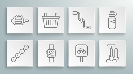 Set line Bicycle chain, basket, Smart watch, parking, air pump, pedals, Sport bottle with water and icon. Vector
