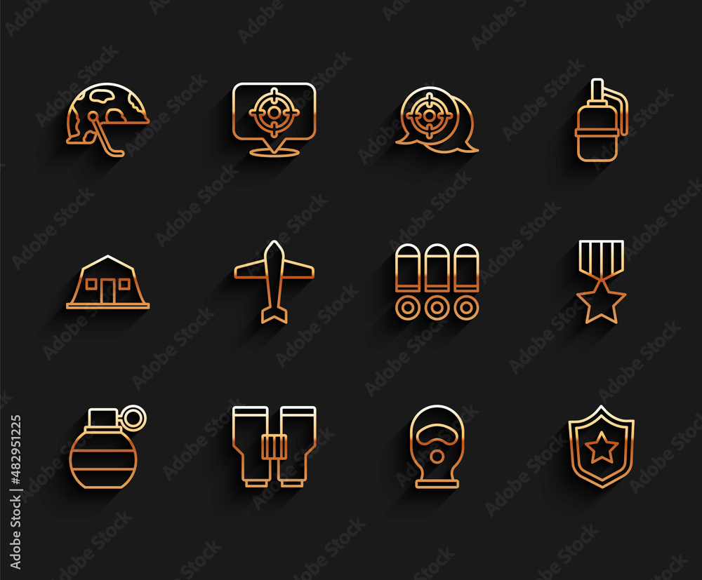 Wall mural set line hand grenade, binoculars, military helmet, balaclava, reward medal, jet fighter, and bullet