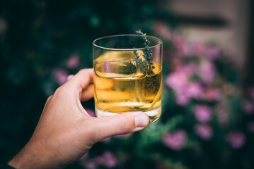White negroni cocktail outside, in the teal color natural background