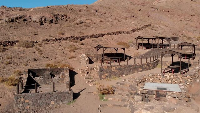 Drone view of the picnic area across - merendero -  the mountain of La Ampuyenta, Fuerteventura, Canary Island, Spain
