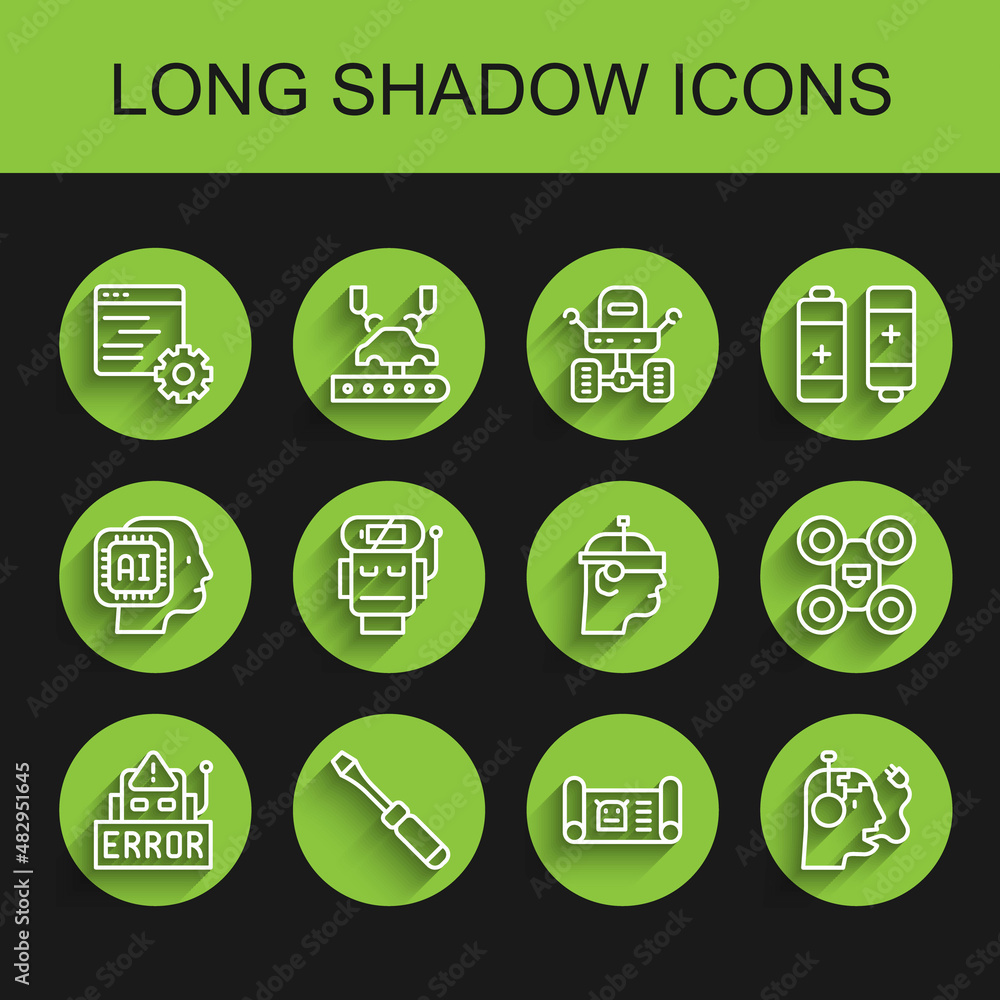 Poster set line error in robot, screwdriver, computer api interface, robot blueprint, charging battery, low