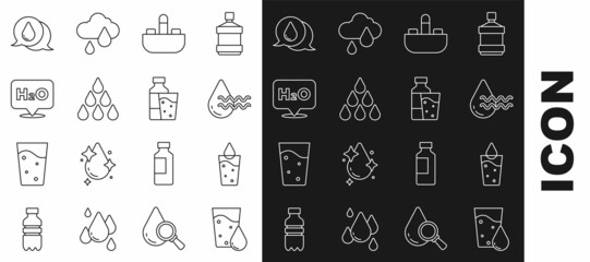 Set line Glass with water, Recycle clean aqua, Washbasin tap, Water drop, Chemical formula for H2O, and Bottle of glass icon. Vector