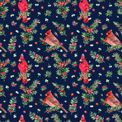 Watercolor seamless pattern with a red cardinal bird, yew branches and berries. Vintage style Christmas illustration is best for wrapping paper, fabric, wallpaper.