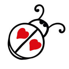 Vector illustration of simple outlined ladybug with hearts. Icon symbol of love and romantic for Valentines day. Little cute insect ladybird for baby and children tshirt, sticker and greeting card 