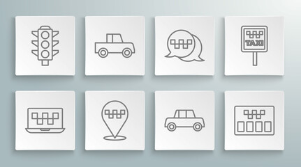 Set line Laptop call taxi service, Car, Location with, Taximeter, telephone, Road sign for stand and Traffic light icon. Vector
