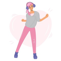 Emo girl listens to music and dances with headphones. Cheerful uncomplexed girl with pink hair on the background of the heart. Vector flat cartoon illustration.