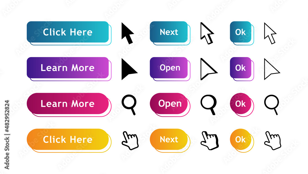 Aufkleber set of modern material style buttons with click pointer for website, mobile app and infographic . di