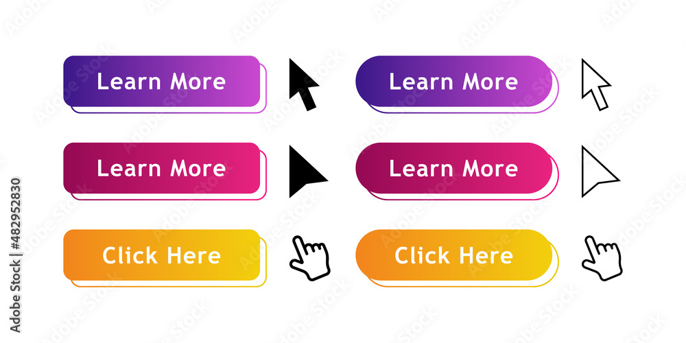 Poster set of modern material style buttons with click pointer for website, mobile app and infographic . di