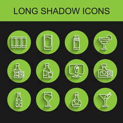 Set line Beer bottle, Wine glass, Shot, Bottle of cognac or brandy, Martini, vodka with, Whiskey and Alcohol beer bar location icon. Vector