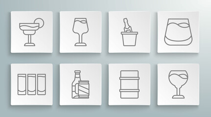 Set line Shot glass, Wine, Beer bottle and beer can, Metal keg, Champagne ice bucket, Glass of whiskey and Cocktail icon. Vector