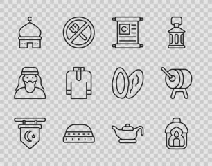 Set line Star and crescent, Ramadan Kareem lantern, Holy book of Koran, Muslim hat for prayer, Mosque, Shirt kurta, Oil lamp and drum icon. Vector