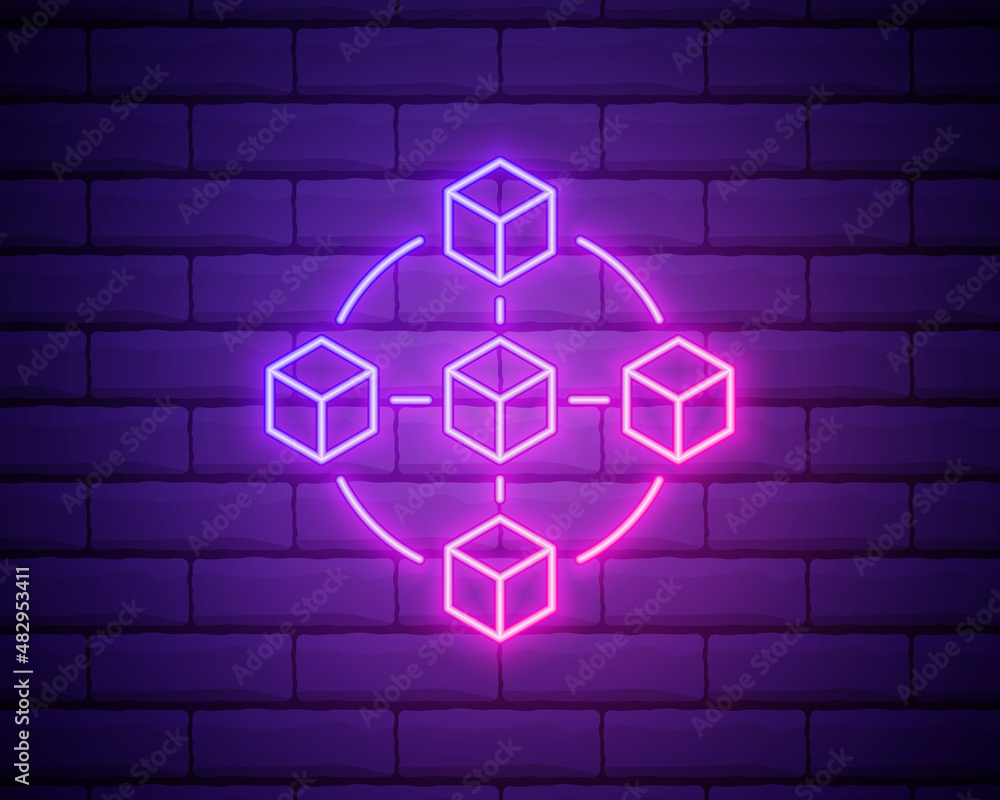 Poster blockchain technology modern icon. vector block chain symbol or logo element in colour neon style. b