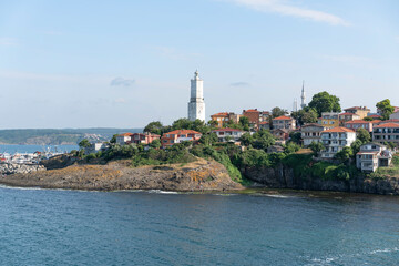 Panoramic view of Rumeli Lighthouse, the Bosporus and Black sea in Sariyer, Istanbul, Turkey.