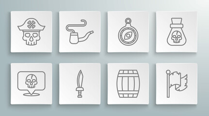 Set line Skull, Smoking pipe, Pirate sword, Wooden barrel, flag, Compass, coin and captain icon. Vector